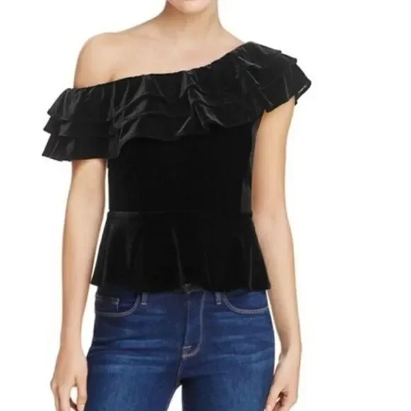 AQUA off the shoulder black velvet top. - Picture 1 of 10